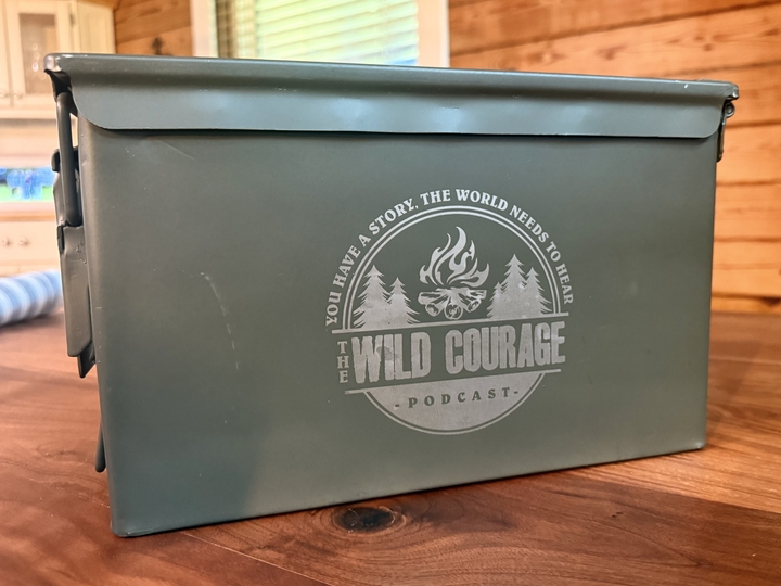 Custom branded ammo can humidor with Wild Courage logo