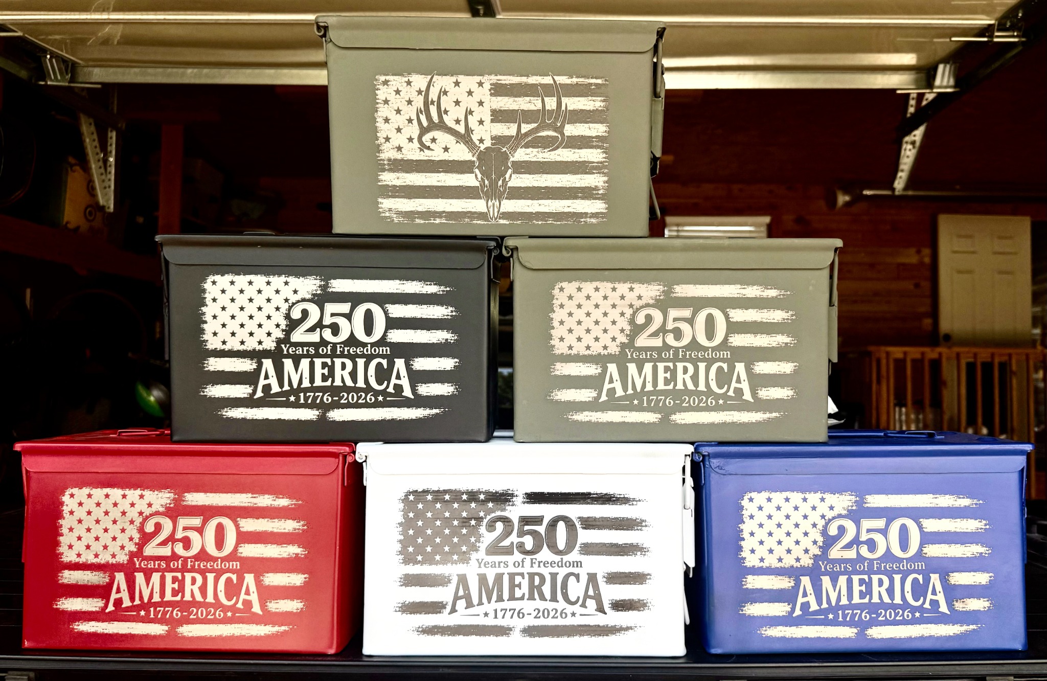Custom one-off Smoky Ridge ammo can humidors in assorted finishes and engraved designs
