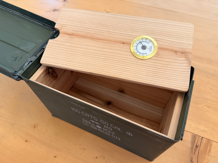 Open cedar-lined .50 cal ammo can humidor baseline product